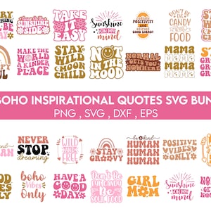 Boho inspirerende citaten SVG PNG bundel, Boho stickers SVG, retro inspirerende citaten, afdrukbare stickers, positieve bevestigingen SVG