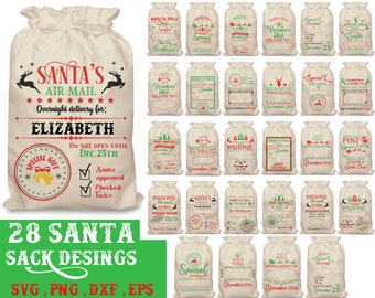 May include: A set of 28 printable designs for Santa sacks, featuring various Christmas themes and text. The designs include phrases like "Santa's Air Mail", "North Pole Express", and "Special Delivery".