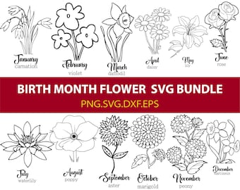 Birth Month Flower Bouquet Svg Bundle, Birth Month Flower, Flower Svg, Floral Svg, Birth flower,Flower Bouquet,flower,flowers,tattoo,Svg,Png