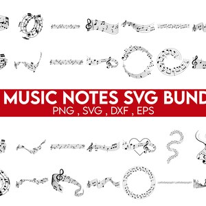 以下が含まれることがあります： 白黒の音楽記号のSVGデザイン28個セット。記号は円形、渦巻き、波など、さまざまな形とパターンで配置されています。画像の上部には赤い文字で「28 MUSIC NOTES SVG BUNDLE PNG, SVG, DXF, EPS」と表示されています。