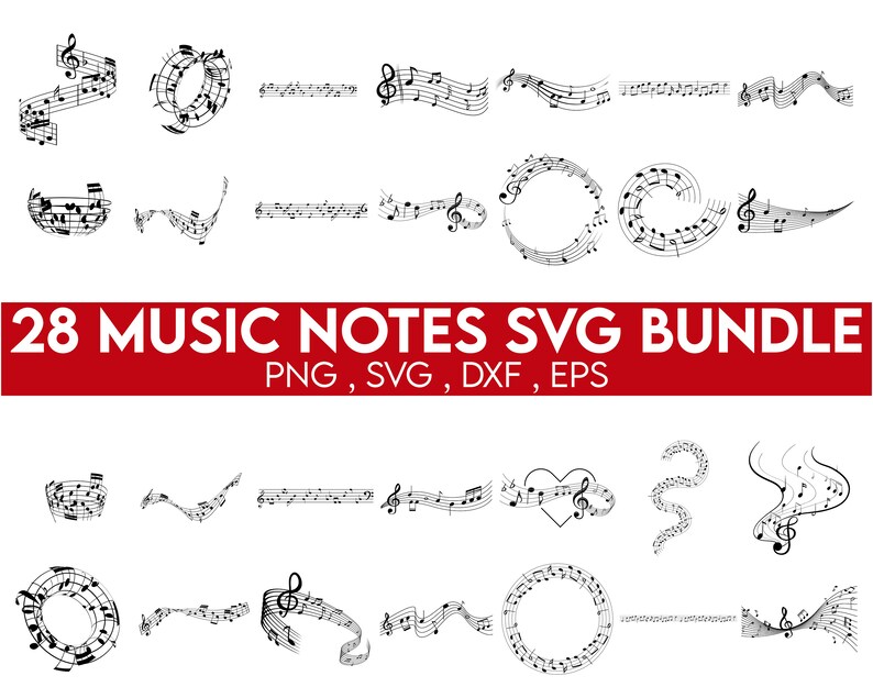 以下が含まれることがあります： 白黒の音楽記号のSVGデザイン28個セット。記号は円形、渦巻き、波など、さまざまな形とパターンで配置されています。画像の上部には赤い文字で「28 MUSIC NOTES SVG BUNDLE PNG, SVG, DXF, EPS」と表示されています。
