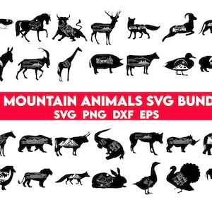山の動物バンドル SVG、アウトドア SVG、クマ SVG、ヘラジカ SVG、オオカミ SVG、フクロウ SVG、シカ SVG、野生動物 SVG、キャンプ SVG