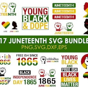 Puede incluir: Un paquete de descarga digital de 17 diseños SVG de Juneteenth. Los diseños presentan varias frases y gráficos relacionados con Juneteenth, incluyendo "Free Ish Since 1865", "Young Black and Free Ish", "Black Lives Matter" y "Celebrating Juneteenth 1865".