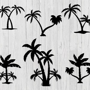 Puede incluir: Ilustraciones de siluetas negras de varias palmeras sobre un fondo blanco con vetas de madera. La imagen presenta varios dise&ntilde;os de palmeras diferentes, incluyendo variaciones de tronco &uacute;nico y m&uacute;ltiple, con hojas y troncos detallados.