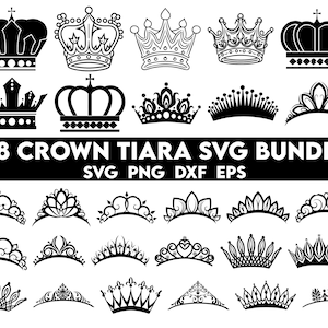 May include: A set of 28 black and white crown and tiara SVG cut files. The designs include a variety of styles, from simple to ornate. 28 Crown Tiara SVG Bundle SVG PNG DXF EPS