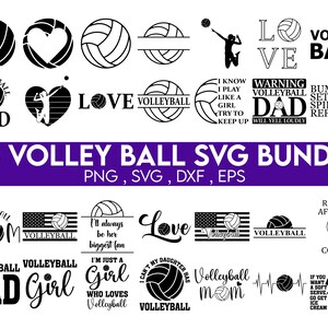 May include: A set of 28 black and white volleyball SVG designs. The designs include various phrases and images related to volleyball, such as "Volleyball Dad", "Volleyball Mom", "Volleyball Girl", and "Love Volleyball".