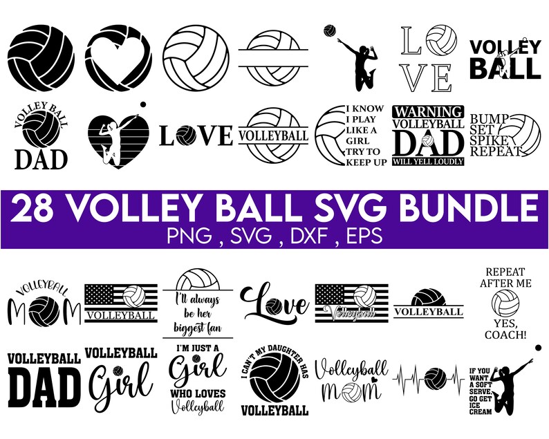 May include: A set of 28 black and white volleyball SVG designs. The designs include various phrases and images related to volleyball, such as "Volleyball Dad", "Volleyball Mom", "Volleyball Girl", and "Love Volleyball".