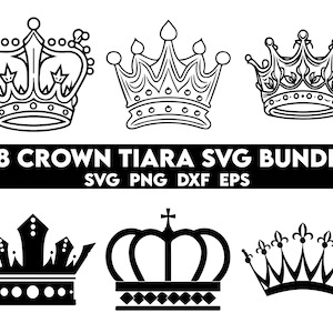 May include: A set of 28 black and white crown and tiara SVG files. The SVG files are perfect for crafting, scrapbooking, and other creative projects. 28 CROWN TIARA SVG BUNDLE SVG PNG DXF EPS
