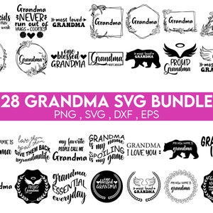 May include: A set of 28 black and white SVG designs featuring various phrases and illustrations related to grandmothers. The designs include phrases like "Grandma Never Run Out of Hugs and Cookies", "One Blessed Grandma", "Proud Grandma", and "Grandma Essential Everyday".