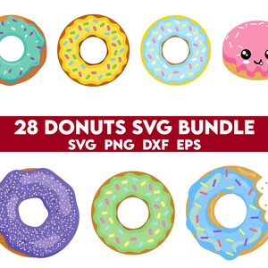 May include: A set of 28 donut SVG files for digital download. The image shows a variety of donuts with different colors and toppings, including sprinkles, chocolate, and frosting. The text "28 DONUTS SVG BUNDLE" is displayed in red at the top of the image.