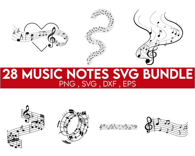 以下が含まれることがあります： 白黒の音楽記号のSVGファイル28個セット。記号は、ハート型、流れるような線、円など、さまざまなデザインで配置されています。画像の上部には、赤い文字で「28 MUSIC NOTES SVG BUNDLE PNG, SVG, DXF, EPS」と表示されています。