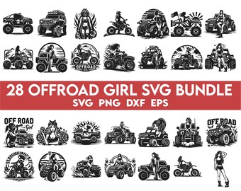 May include: A set of 28 black and white SVG designs featuring off-road vehicles and women. The designs include various poses and scenes, such as women driving, riding, and standing next to off-road vehicles. The text "OFFROAD GIRL SVG BUNDLE" and "SVG PNG DXF EPS" is included in the design.