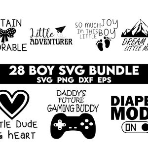 Op de afbeelding: Een set van 28 zwart-witte SVG-bestanden voor het maken van ontwerpen voor jongens. De ontwerpen bevatten zinnen zoals "Captain Adorable", "Little Adventurer", "So Much Joy in This Boy", "Dream Big Little Man", "Little Dude Big Heart", "Daddy's Future Gaming Buddy" en "Diaper Mode On".