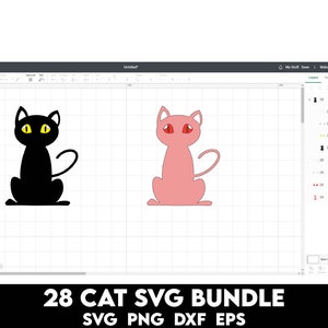 May include: A digital design bundle of 28 cat SVG files. The image shows two cats, one black with yellow eyes and one pink with red eyes. The text "28 CAT SVG BUNDLE SVG PNG DXF EPS" is at the bottom of the image.