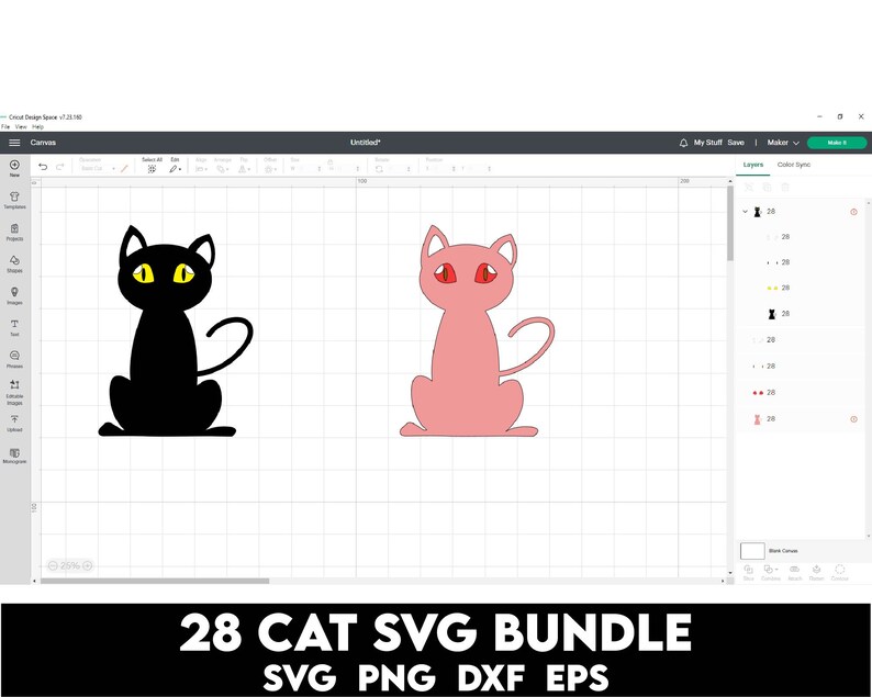 May include: A digital design bundle of 28 cat SVG files. The image shows two cats, one black with yellow eyes and one pink with red eyes. The text "28 CAT SVG BUNDLE SVG PNG DXF EPS" is at the bottom of the image.