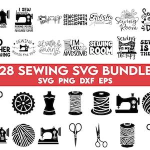 Puede incluir: Un conjunto de 28 diseños SVG en blanco y negro para coser, que incluyen máquinas de coser, carretes de hilo, tijeras y diseños basados en texto como "Coser es mi terapia" y "Prefiero coser".