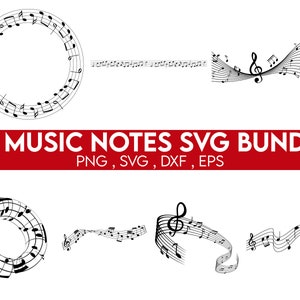 以下が含まれることがあります： デジタルダウンロード用の28個の音楽記号SVGファイルのセット。画像は、音符の円、流れる音符の線、トレブルクレフ付きの音符など、さまざまな音楽記号のデザインを示しています。