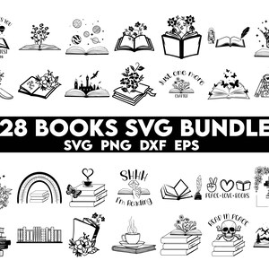 May include: A set of 28 black and white book-themed SVG designs. The designs include books with flowers, a skull, a cat, a rainbow, a coffee cup, and more. The text "28 BOOKS SVG BUNDLE" is at the top of the image. The text "SVG PNG DXF EPS" is below the title.