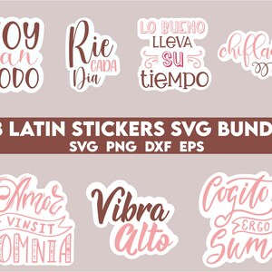 May include: A set of 28 Latin phrase stickers in a variety of colors and styles. The stickers feature phrases such as "Voy a can todo", "Rie cada dia", "Lo bueno lleva su tiempo", "chiflada", "Amor vincit omnia", "Vibra alto", and "Cogito ergo sum".