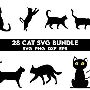 May include: A set of 28 black cat SVG files for crafting and design projects. The bundle includes SVG, PNG, DXF, and EPS file formats.