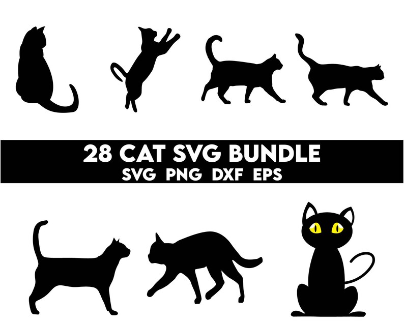May include: A set of 28 black cat SVG files for crafting and design projects. The bundle includes SVG, PNG, DXF, and EPS file formats.