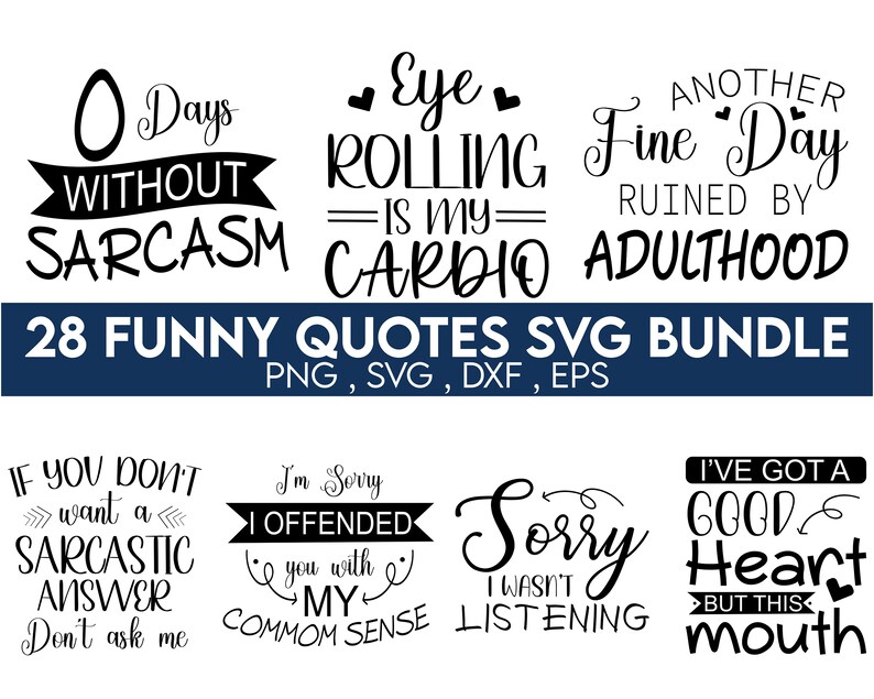 May include: A set of 28 funny quotes in black text on a white background. The quotes are about sarcasm, adulthood, and common sense. The text includes phrases like "0 days without sarcasm", "Eye rolling is my cardio", "Another fine day ruined by adulthood", "I'm sorry I offended you with my common sense", and "I've got a good heart but this mouth".