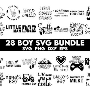 Op de afbeelding: Een set van 28 zwart-witte SVG-ontwerpen voor jongens. De ontwerpen bevatten zinnen zoals "Little Man", "Dream Big Little Man", "Captain Adorable", "Daddy's Boy" en "Hello World".