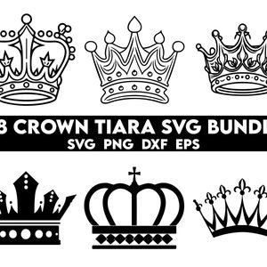 May include: A set of 28 black and white crown and tiara SVG files. The SVG files are perfect for crafting, scrapbooking, and other creative projects. 28 CROWN TIARA SVG BUNDLE SVG PNG DXF EPS