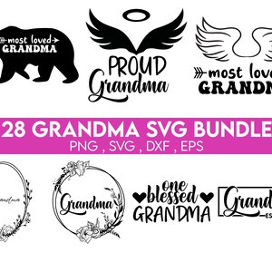 May include: A set of 28 black and white SVG designs featuring the word "Grandma" in various styles. The designs include a bear, wings, floral wreaths, and text-based designs. The designs are perfect for creating personalized gifts, crafts, and home decor.