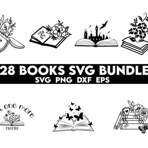 May include: A set of 28 black and white book SVG designs. The designs feature various book illustrations with flowers, butterflies, castles, and the text "Just one more chapter".