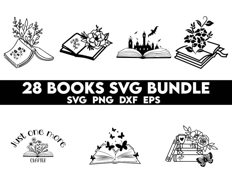 May include: A set of 28 black and white book SVG designs. The designs feature various book illustrations with flowers, butterflies, castles, and the text "Just one more chapter".