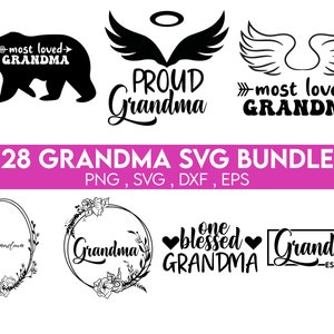 May include: A set of 28 black and white SVG designs featuring the word "Grandma" in various styles. The designs include a bear, wings, floral wreaths, and text-based designs. The designs are perfect for creating personalized gifts, crafts, and home decor.