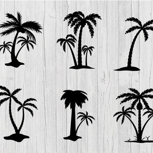 Puede incluir: Colecci&oacute;n de seis dise&ntilde;os de siluetas negras de palmeras. Los &aacute;rboles var&iacute;an en tama&ntilde;o y forma, algunos con m&uacute;ltiples troncos y un n&uacute;mero variable de hojas. El fondo presenta un patr&oacute;n de vetas de madera clara.