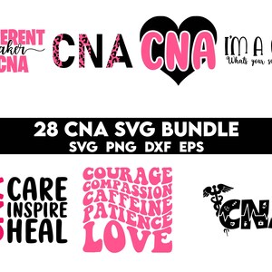 May include: A set of 28 digital SVG files for crafting and design. The files feature various designs related to Certified Nursing Assistants (CNAs), including the words "CNA", "Care", "Inspire", "Heal", "Courage", "Compassion", "Caffeine", "Patience", "Love", and "I'm a CNA. What's your superpower?"