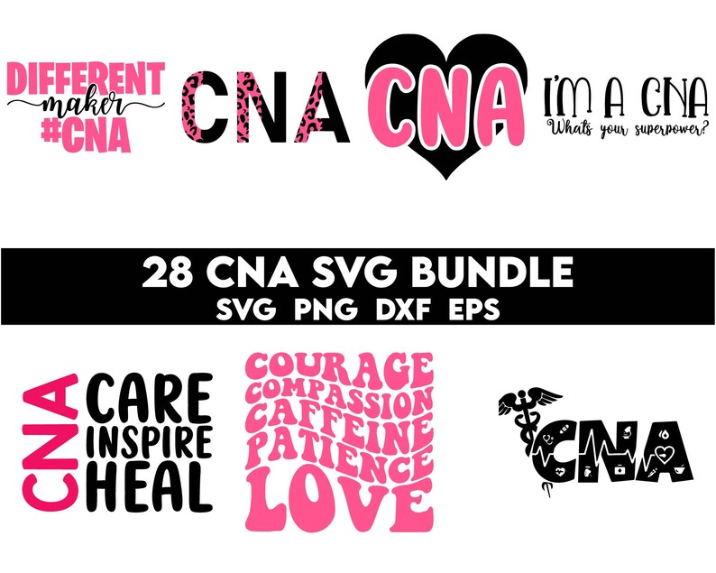 May include: A set of 28 digital SVG files for crafting and design. The files feature various designs related to Certified Nursing Assistants (CNAs), including the words "CNA", "Care", "Inspire", "Heal", "Courage", "Compassion", "Caffeine", "Patience", "Love", and "I'm a CNA. What's your superpower?"