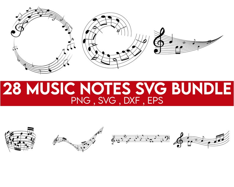 以下が含まれることがあります： 白黒の音楽記号のSVGファイル28個のセット。記号は円形、渦巻き、線など、さまざまなデザインで配置されています。画像の上部に「28 MUSIC NOTES SVG BUNDLE PNG, SVG, DXF, EPS」というテキストが赤色で表示されています。