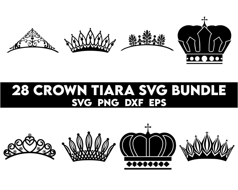 May include: A set of 28 black and white crown and tiara SVG designs. The designs are perfect for crafting, scrapbooking, and other creative projects.  28 CROWN TIARA SVG BUNDLE SVG PNG DXF EPS