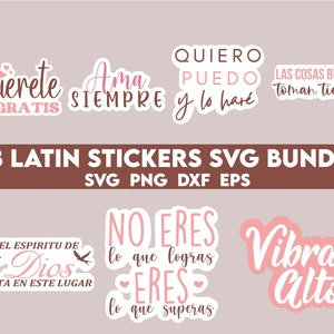 May include: A set of 28 Latin-themed stickers in a bundle. The stickers feature various phrases in Spanish, including "Quierete es gratis", "Ama siempre", "Quiero puedo y lo har&eacute;", "Las cosas buenas toman tiempo", "El espiritu de Dios esta en este lugar", "No eres lo que logras eres lo que superas", and "Vibra alto".