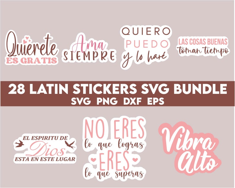 May include: A set of 28 Latin-themed stickers in a bundle. The stickers feature various phrases in Spanish, including "Quierete es gratis", "Ama siempre", "Quiero puedo y lo har&eacute;", "Las cosas buenas toman tiempo", "El espiritu de Dios esta en este lugar", "No eres lo que logras eres lo que superas", and "Vibra alto".