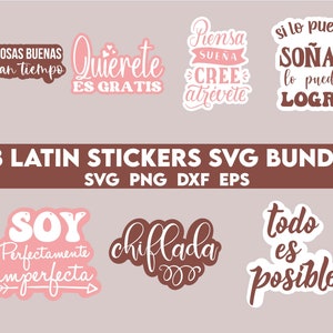 May include: A set of 28 Latin-themed stickers featuring motivational quotes in Spanish. The stickers are pink and white with a brown background. The quotes include "Las cosas buenas toman tiempo", "Quierete es gratis", "Piensa sue&ntilde;a cree atrevete", "Si lo puedes so&ntilde;ar lo puedes logra", "Soy perfectamente imperfecta", "Chiflada", and "Todo es posible".