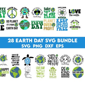 Pode incluir: Um conjunto de 28 designs SVG para o Dia da Terra com diferentes lemas e gráficos. Os designs incluem frases como "Feliz Dia da Terra", "Ame a Terra", "Mantenha a calma e salve a Terra", e "Planeta sobre lucro". Os gráficos incluem um sinal de paz, uma Terra de desenho animado e uma tartaruga.