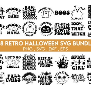 Paquete SVG retro de Halloween, imágenes prediseñadas de Halloween, fantasma svg, camisa de Halloween svg, hippie svg, retro svg, paquete svg, diseños de sublimación