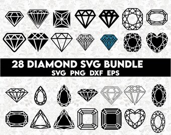 May include: A set of 28 black and white diamond SVG cut files. The diamond shapes are in various styles, including classic, heart, and square. The text "28 DIAMOND SVG BUNDLE" and "SVG PNG DXF EPS" is displayed below the diamonds.