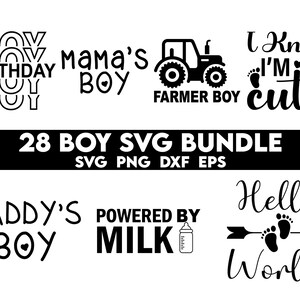 Op de afbeelding: Een set van 28 zwart-witte SVG-bestanden voor knutselprojecten. De ontwerpen bevatten zinnen zoals "Mama's Boy", "Daddy's Boy", "Farmer Boy" en "Powered by Milk".