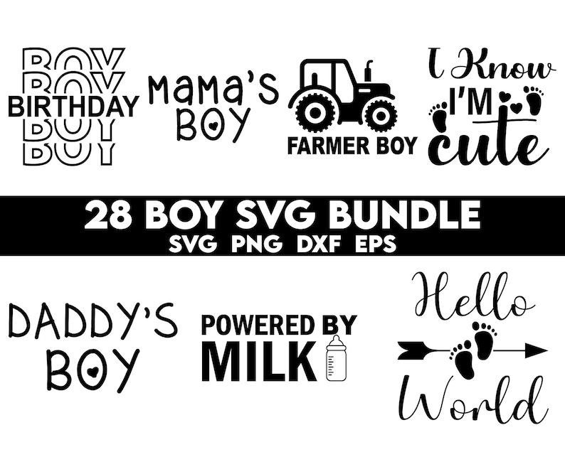 Op de afbeelding: Een set van 28 zwart-witte SVG-bestanden voor knutselprojecten. De ontwerpen bevatten zinnen zoals "Mama's Boy", "Daddy's Boy", "Farmer Boy" en "Powered by Milk".