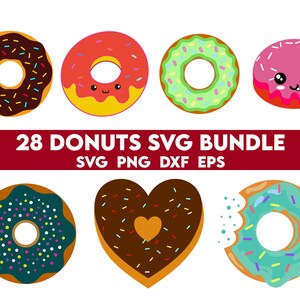 May include: A set of 28 donut SVG files for crafting and design projects. The donuts are in various colors and designs, including chocolate, pink, green, and yellow. The text "28 DONUTS SVG BUNDLE" is displayed in red on a white background.