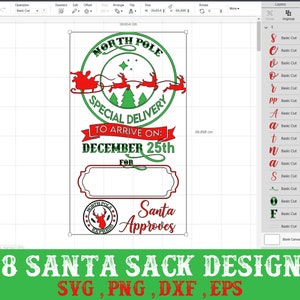 May include: A red and green Christmas-themed design for a Santa sack. The design features a red sleigh with reindeer, a green wreath with the words "North Pole" and "Special Delivery", and a red ribbon with the text "To Arrive On: December 25th". There is a blank space for a name and the words "Santa Approves" at the bottom.