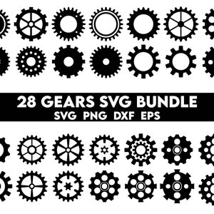 May include: A set of 28 black and white gear SVG files. The gears are different sizes and shapes. The text "28 GEARS SVG BUNDLE SVG PNG DXF EPS" is at the top of the image.