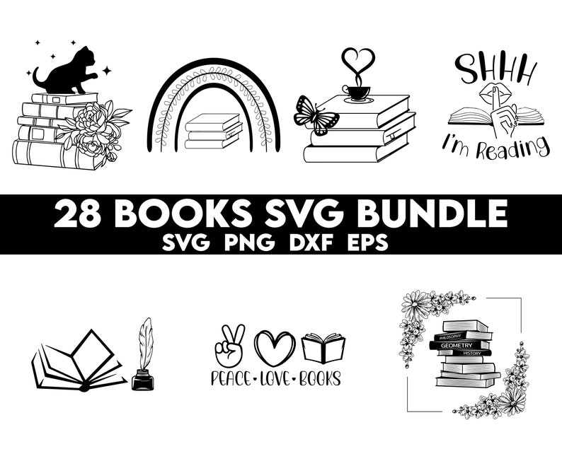 May include: A set of 28 black and white book-themed SVG designs. The designs include a cat sitting on a stack of books, a rainbow with books, a stack of books with a coffee cup and a heart, a book with the text "SHHH I'm Reading", a book with a quill and inkwell, a peace sign, a heart, and a book with the text "PEACE-LOVE-BOOKS", and a stack of books with flowers.