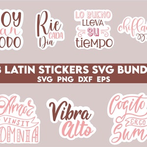 May include: A set of 28 Latin phrase stickers in a variety of colors and styles. The stickers feature phrases such as "Voy a can todo", "Rie cada dia", "Lo bueno lleva su tiempo", "chiflada", "Amor vincit omnia", "Vibra alto", and "Cogito ergo sum".